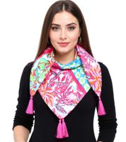 Foulard carré ZWILLINGSHERZ à fleurs hawaïennes, motif floral et ornements, 3016Q-2907-90, rose/bleu/multicolore Foulard carré ZWILLINGSHERZ à fleurs hawaïennes, motif floral et ornements, 3016Q-2907-90, rose/bleu/multicolore
