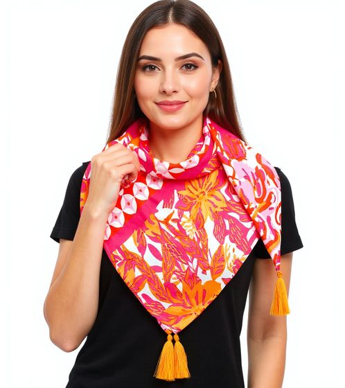 ZWILLINGSHERZ Hawaiian Flower Square Scarf with Flowers and Ornaments, Fashion Scarf 3016Q-2907-90 Orange/Pink