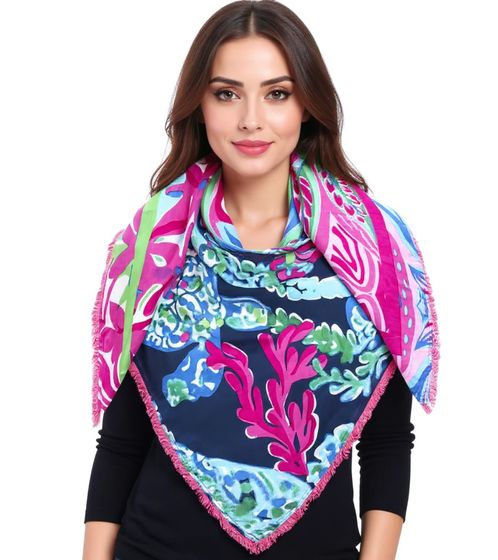 ZWILLINGSHERZ Jungle Mix Square Scarf in a Pattern Mix with Turtles, Flowers, and Corals Fashion Scarf 3016Q-0803-21 Pink/Green/Blue