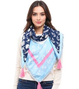 ZWILLINGSHERZ Anchor Shell Mix Square Scarf with Maritime Motifs, Fashion Scarf 3016Q-0712-5 Blue/Pink/White
