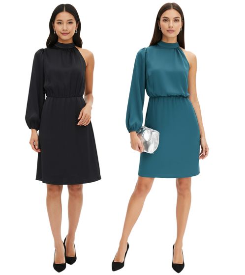 Stylish women's one-shoulder dress. Spring dress made of shiny satin. Evening dress. 925469 in green or 919324 in black.