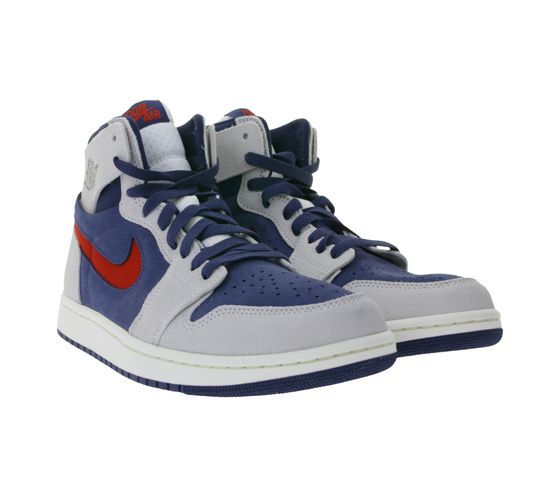 NIKE Air Jordan 1 Zoom Herren Sneaker Echtleder Turnschuhe mit Zoom-Air-Dämpfung Mid-Top Alltags-Schuhe DV1307 406 Blau/Grau/Rot