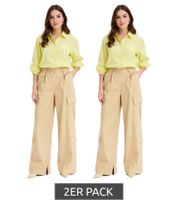 Pack de 2 pantalones cargo para mujer, prácticos pantalones de verano de algodón, pernera ancha y cintura alta, 972109 Beige