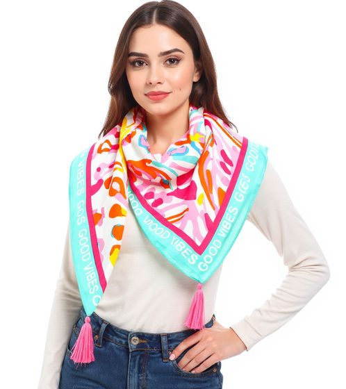 Pañuelo cuadrado ZWILLINGSHERZ Floral Dream con estampado de flores y Good Vibes Only 3016Q-0208-21 Rosa/Turquesa/Multicolor
