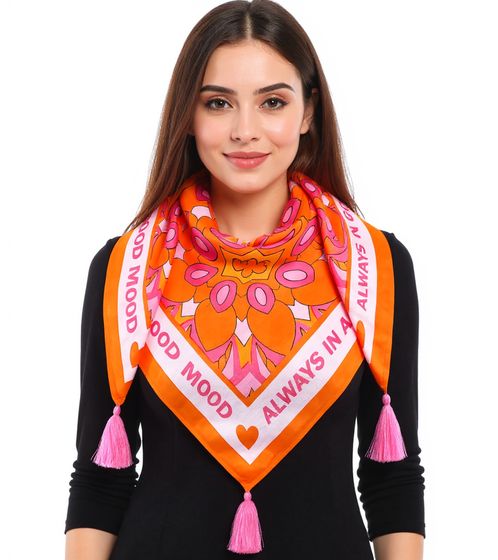 ZWILLINGSHERZ Always in a good mood Vierecks-Tuch mit Statement Print und Ornamenten Mode-Tuch 3016Q-0209-5 Pink/Orange