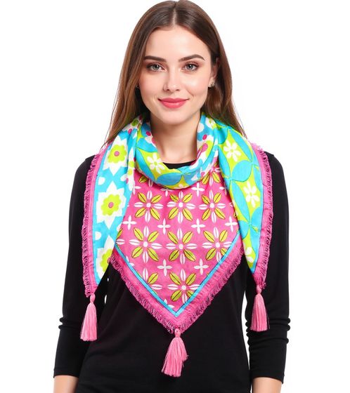 ZWILLINGSHERZ Summer Vibes Vierecks-Tuch mit Blumen und Ornamenten Mode-Tuch 3016Q-0609-73 Türkis/Pink/Bunt
