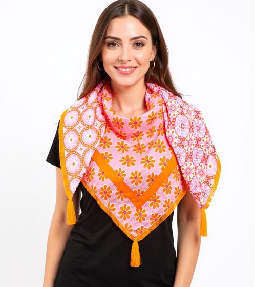 Pañuelo cuadrado ZWILLINGSHERZ Pricilla con flores y adornos en diseño retro, 3016Q-1008-6 naranja/multicolor
