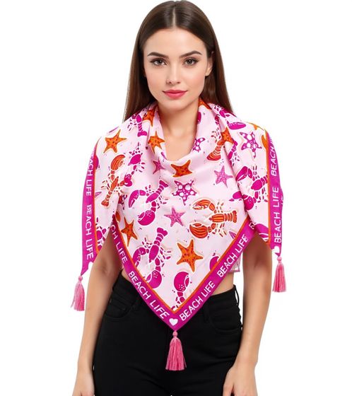Bufanda triangular ZWILLINGSHERZ Beach Life con cangrejos, estrellas de mar y estampado llamativo, 3014D-0703-22 rosa/rosa