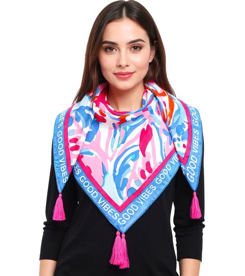 Pañuelo cuadrado ZWILLINGSHERZ Floral Dream con estampado de flores y "Good Vibes Only" 3016Q-0208-86 Azul/Rosa/Blanco