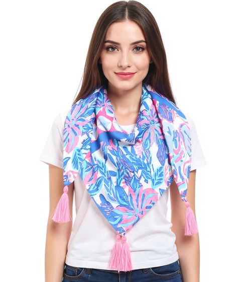 Pañuelo cuadrado con flores hawaianas y adornos de ZWILLINGSHERZ, 3016Q-2907-84, azul/rosa/multicolor