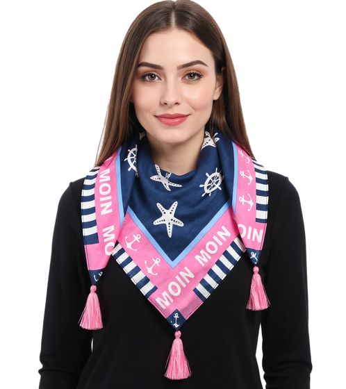 Bufanda cuadrada ZWILLINGSHERZ Anchor Moin con anclas y letras Moin, bufanda de moda 3016Q-0209-11 Rosa/Azul/Blanco
