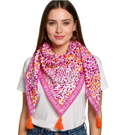 ZWILLINGSHERZ Leo Kopf Dreiecks-Tuch mit Animal-Print und Wild Child Schriftzug Mode-Tuch 3014D-0107-13 Pink/Orange