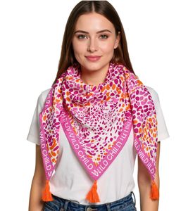 Sciarpa triangolare ZWILLINGSHERZ Leo Head con stampa animalier e scritta Wild Child, sciarpa alla moda 3014D-0107-13 Rosa/Arancione Sciarpa triangolare ZWILLINGSHERZ Leo Head con stampa animalier e scritta Wild Child, sciarpa alla moda 3014D-0107-13 Rosa/Arancione