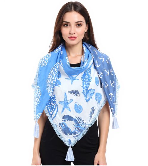 Sciarpa quadrata ZWILLINGSHERZ Sea Happiness con motivi marittimi, sciarpa alla moda 3016Q-0609-18 Azzurro/Blu/Bianco