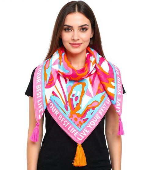 ZWILLINGSHERZ Best Life Vierecks-Tuch mit Statement Print und abstrakten Blüten Mode-Tuch 3016Q-2907-51 Pink/Orange/Bunt