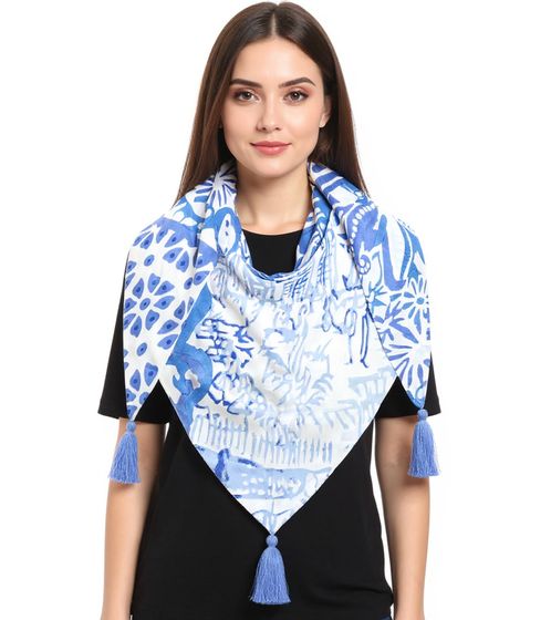 Bufanda triangular ZWILLINGSHERZ Blue Happiness con flores y adornos, 30014-18 Azul claro/Blanco
