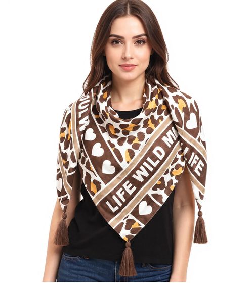 Bufanda triangular ZWILLINGSHERZ Life Wild con estampado animal y letras Wild, 30015-32 Marrón/Beige
