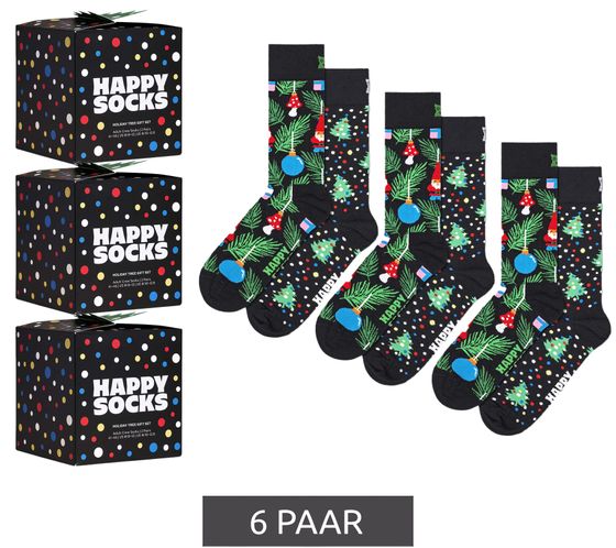 6 Paar Happy Socks Baumwoll-Socken Sparpack im weihnachtlichen-Design Alltags-Strümpfe in Geschenk-Box Sparpack für Damen oder Kinder P001737 Schwarz/Grün/Rot