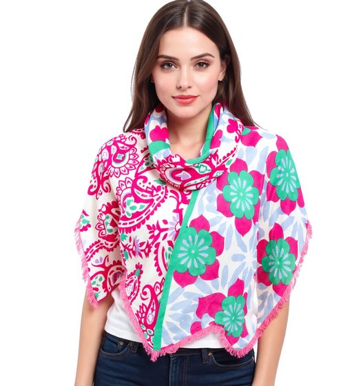 ZWILLINGSHERZ Be Happy and Smile Dreiecks-Tuch mit Blumen und Ornamenten Mode-Tuch 3014D-0204-64 Pink/Blau/Grün