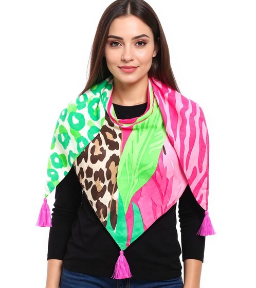 ZWILLINGSHERZ Leopard in the Jungle Triangular Scarf with Animal Print and Leaves Fashion Scarf 3014D-3010-14 Pink/Green/Multicolored