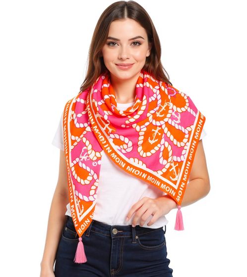 ZWILLINGSHERZ Steering Wheel Triangular Scarf in a Maritime Design with Moin Moin Lettering, Fashion Scarf 3014D-1011-9 Orange/Pink/White