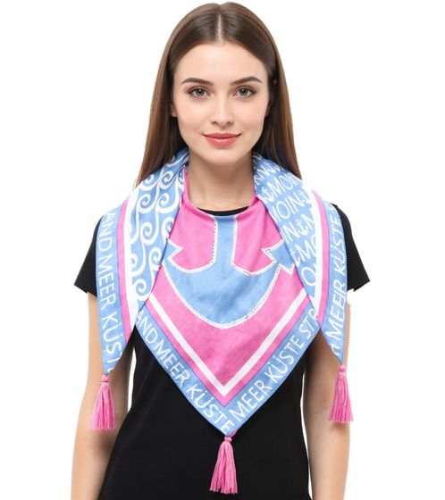 ZWILLINGSHERZ Rhinestone Anchor Triangular Scarf in a Maritime Design and Statement Print Fashion Scarf 3014D-0204-18 Light Blue/Pink/White