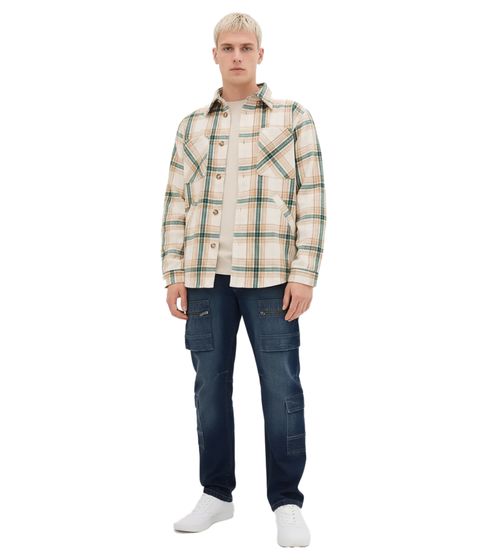 karierte Herren Hemd-Jacke im Karomuster Übergangs-Jacke 946806 Beige/Grün/Weiß
