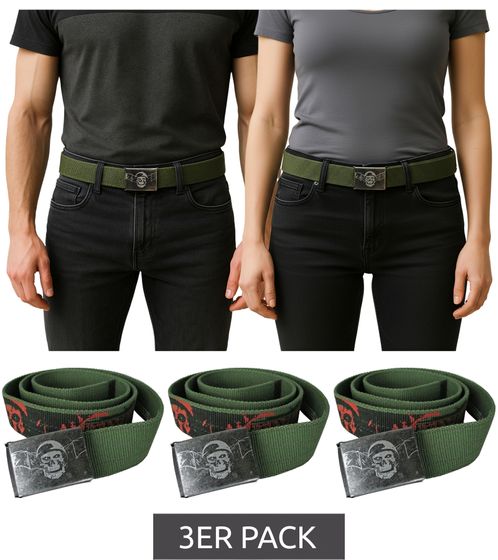 3er Pack Avenged Sevenfold A7X Gürtel von der Metal-Band Stoff-Gürtel Totenkopf mit Stahlhelm und Fledermausflügel Alltags-Gürtel für Damen und Herren ca. 126cm mit Band-Schriftzug BT111786ASF0 Oliv-Grün
