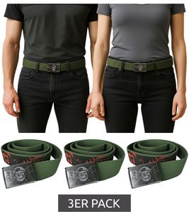 3er Pack Avenged Sevenfold A7X Gürtel von der Metal-Band Stoff-Gürtel Totenkopf mit Stahlhelm und Fledermausflügel Alltags-Gürtel für Damen und Herren ca. 126cm mit Band-Schriftzug BT111786ASF0 Oliv-Grün