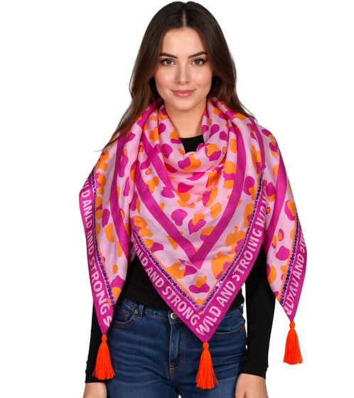 ZWILLINGSHERZ Wild and Strong triangular scarf with animal print and statement lettering, fashion scarf 3014D-0107-22 pink/orange/rose