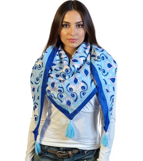 ZWILLINGSHERZ Maleen Triangular Scarf with Ornaments and Fringes, Fashion Scarf 3014D-0808-7 Blue/Pink/White