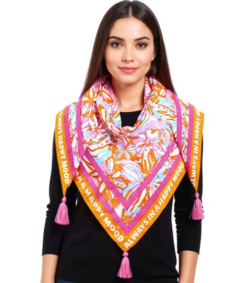 ZWILLINGSHERZ Happy Mood Triangular Scarf with Flowers and Statement Print, Fashion Scarf 3014D-3010-90 Pink/Orange/Multicolored