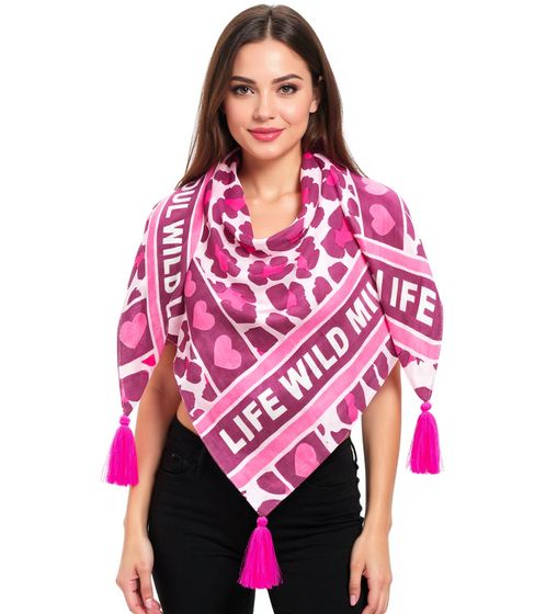ZWILLINGSHERZ Life Wild Triangular Scarf with Animal Print and Wild Lettering, Fashion Scarf 30015-43 Pink/Rose