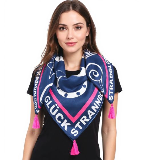 ZWILLINGSHERZ Strandglück Square Scarf with Maritime Motifs and Statement Lettering, Fashion Scarf 3016Q-0712-2, Blue/Pink/White