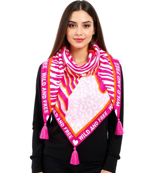 ZWILLINGSHERZ Wild Zebra Triangular Scarf with Animal Print and Statement Lettering, Fashion Scarf 3014D-0204-22 Pink/Orange/White