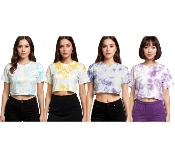 ZEGY Damen Crop-Top im Batik-Look Baumwoll-Shirt T-Shirt 1075 in Weiß/Lila, Weiß/Gelb, Weiß/Pink oder Weiß/Blau