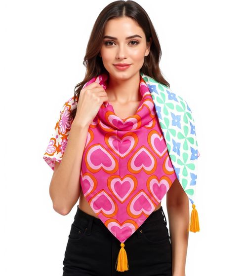 ZWILLINGSHERZ Loving Mix Triangular Scarf with Colorful Flowers and Hearts Fashion Scarf 3014D-3010-42 Pink/Green/Orange/Multicolored