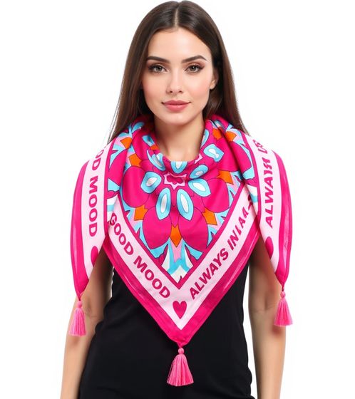 ZWILLINGSHERZ Always in a good mood square scarf with statement print and ornaments, fashion scarf 3016Q-0209-6, pink/turquoise/multicolored