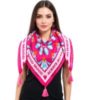 ZWILLINGSHERZ Always in a good mood square scarf with statement print and ornaments, fashion scarf 3016Q-0209-6, pink/turquoise/multicolored ZWILLINGSHERZ Always in a good mood square scarf with statement print and ornaments, fashion scarf 3016Q-0209-6, pink/turquoise/multicolored