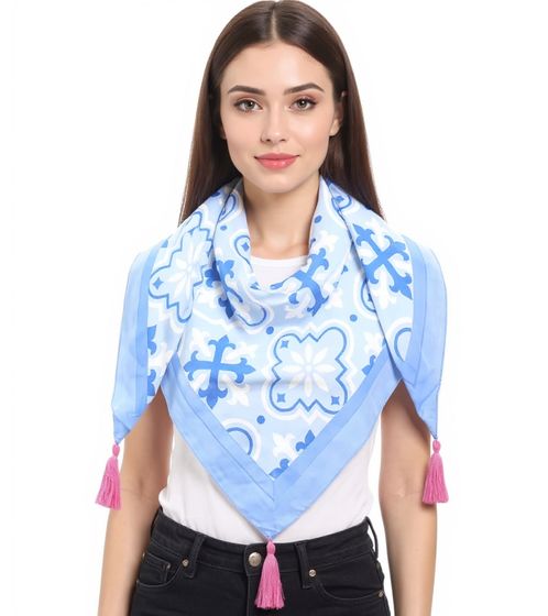 ZWILLINGSHERZ Antique Triangular Scarf with Ornaments and Fringes, Fashion Scarf 3014D-3010-87, Blue/Pink/White