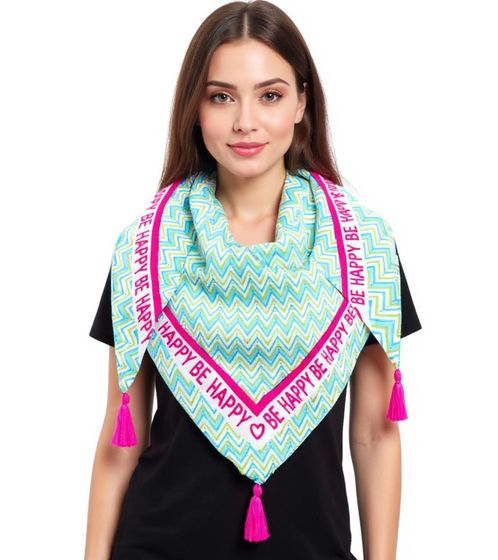 ZWILLINGSHERZ Zigzag Triangle Scarf with Zigzag Pattern and Be Happy Print, Fashion Scarf 3014D-0204-88 Turquoise/Green/Pink