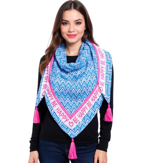 ZWILLINGSHERZ Zigzag Triangle Scarf with Zigzag Pattern and Be Happy Print, Fashion Scarf 3014D-0204-87, Blue/Pink/White