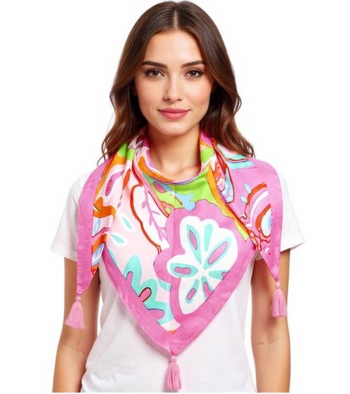 ZWILLINGSHERZ Colorful Pattern Triangular Scarf with Flowers and Tassels Fashion Scarf 3014D-0107-21 Pink/Green/Multicolored