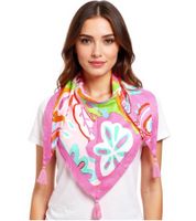 ZWILLINGSHERZ Colorful Pattern Triangular Scarf with Flowers and Tassels Fashion Scarf 3014D-0107-21 Pink/Green/Multicolored ZWILLINGSHERZ Colorful Pattern Triangular Scarf with Flowers and Tassels Fashion Scarf 3014D-0107-21 Pink/Green/Multicolored