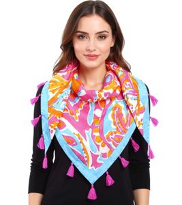 ZWILLINGSHERZ Unique Paisley Triangular Scarf with Graphic Flowers and Tassels, Fashion Scarf 3014D-3010-100 Pink/Blue/Multicolored