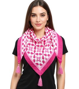 ZWILLINGSHERZ Graphic Triangular Scarf with Graphic Flowers and Tassels, Fashion Scarf 3014D-3010-4 Pink/White