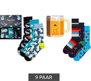 9 pairs of Happy Socks cotton socks in a gift box "Polar Edition" with polar bears, penguins, and whales in blue/navy/black or "Sausage & Beer" with sausage, beer, and stripes in blue/navy/red