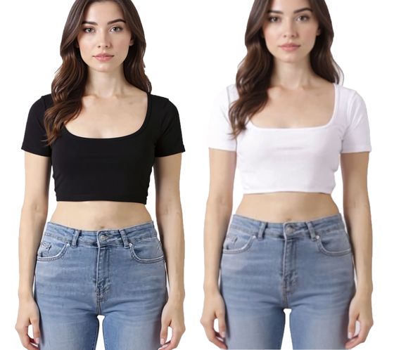 ZEGY Women's Crop Top, Ribbed Cotton Shirt, Simple T-Shirt, 1084, Black or White