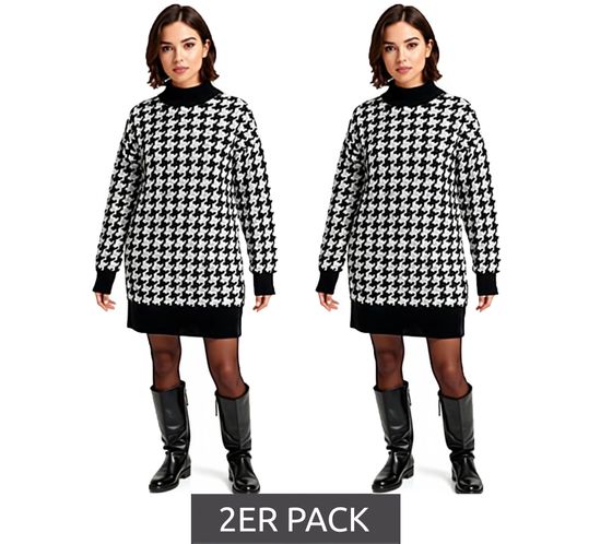 2-Pack Women's Knit Dress with Houndstooth Pattern, Mini Dress with Long Sleeves and Stand-Up Collar, 914658 Black/White