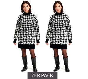 2er Sparpack Damen Strick-Kleid mit Hahnentritt-Muster Mini-Kleid mit langen Ärmeln und Stehkragen 914658 Schwarz/Weiß 2er Sparpack Damen Strick-Kleid mit Hahnentritt-Muster Mini-Kleid mit langen Ärmeln und Stehkragen 914658 Schwarz/Weiß